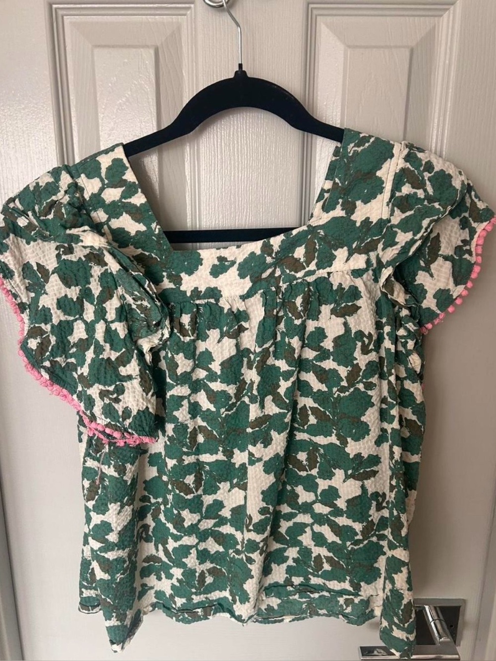 THML Green and White Floral Ruffled Sleeve Top with Pink Trim
